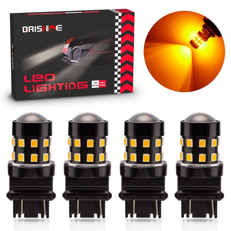 BRISHINE 4-Pack Super Bright 3157 3156 3057 4057 4157 LED Bulbs Amber Yellow 9-30V Non-Polarity 24-SMD LED Chipsets with Projector for Turn Signal Lights, Side Marker Lights - Image 1